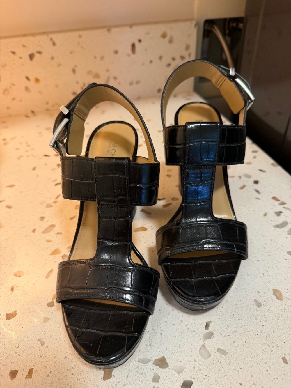 Michael Kors Black Platform Alligator Print Sandals
